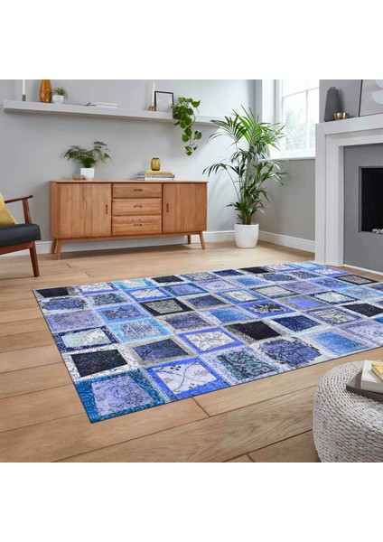 Dijital Baskılı Kaymaz Taban Yıkanabilir Patchwork Yolluk Salon Halısı, V-Patchwork-14-Mavi,