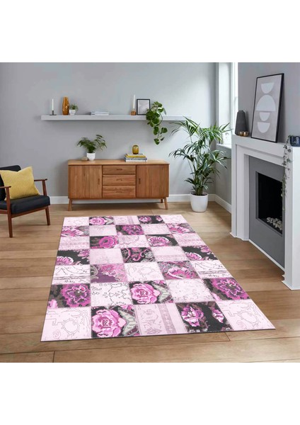 Dijital Baskılı Kaymaz Taban Yıkanabilir Patchwork Yolluk Salon Halısı, V-Patchwork-19-Pembe,