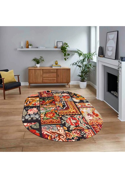 Dijital Baskılı Kaymaz Yıkanabilir Oval Patchwork Yolluk Salon Halısı, V-O-Patchwork-12-Renkli,
