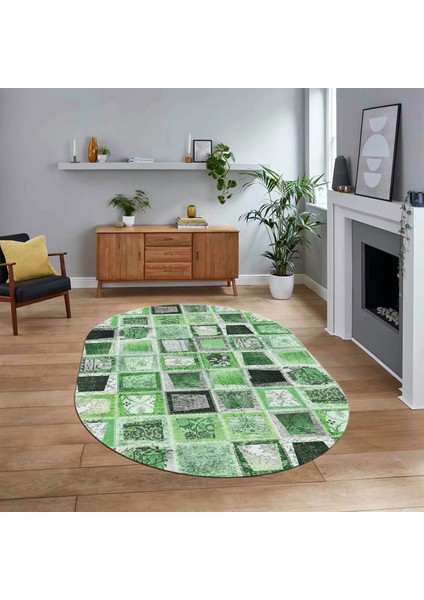 Dijital Baskılı Kaymaz Yıkanabilir Oval Patchwork Yolluk Salon Halısı, V-O-Patchwork-14-Yeşil,