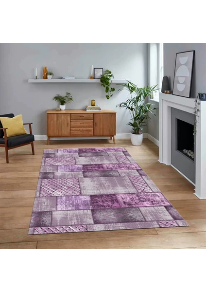 Viyana Home Dijital Baskılı Kaymaz Taban Yıkanabilir Patchwork Yolluk Salon Halısı, V-Patchwork-18-Mor,