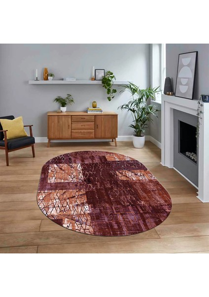 Dijital Baskılı Kaymaz Yıkanabilir Oval Patchwork Yolluk Salon Halısı, V-O-Patchwork-05-Kırmızı,