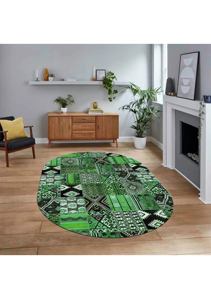 Dijital Baskılı Kaymaz Yıkanabilir Oval Patchwork Yolluk Salon Halısı, V-O-Patchwork-06-Yeşil,
