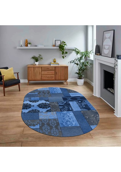 Dijital Baskılı Kaymaz Yıkanabilir Oval Patchwork Yolluk Salon Halısı, V-O-Patchwork-16-Mavi,