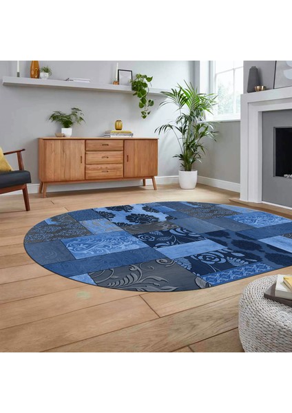 Dijital Baskılı Kaymaz Yıkanabilir Oval Patchwork Yolluk Salon Halısı, V-O-Patchwork-16-Mavi, fiyatları