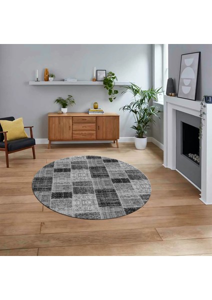 Dijital Baskılı Kaymaz Yıkanabilir Yuvarlak Patchwork Mutfak Salon Halısı, V-Y-Patchwork-07-Gri,