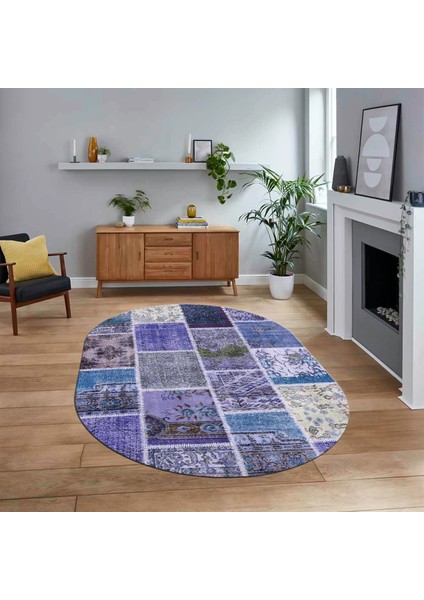 Dijital Baskılı Kaymaz Yıkanabilir Oval Patchwork Yolluk Salon Halısı, V-O-Patchwork-04-Mavi,
