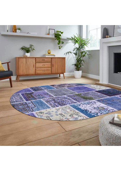 Dijital Baskılı Kaymaz Yıkanabilir Oval Patchwork Yolluk Salon Halısı, V-O-Patchwork-04-Mavi, fiyatları