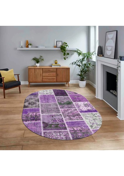 Dijital Baskılı Kaymaz Yıkanabilir Oval Patchwork Yolluk Salon Halısı, V-O-Patchwork-04-Mor,