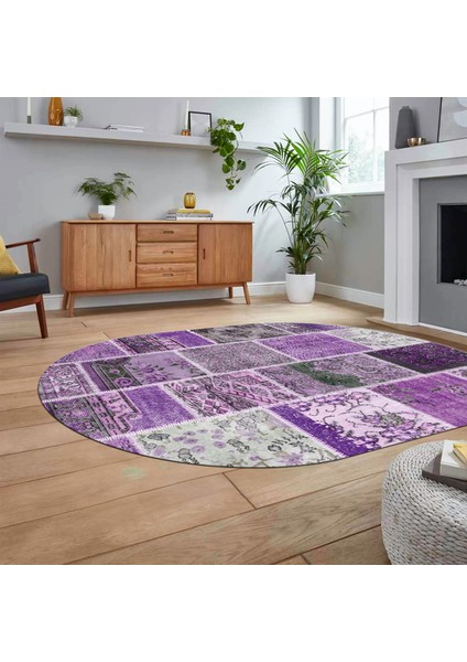 Dijital Baskılı Kaymaz Yıkanabilir Oval Patchwork Yolluk Salon Halısı, V-O-Patchwork-04-Mor, fiyatları