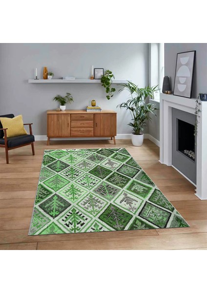 Dijital Baskılı Kaymaz Taban Yıkanabilir Patchwork Yolluk Salon Halısı, V-Patchwork-08-Yeşil,