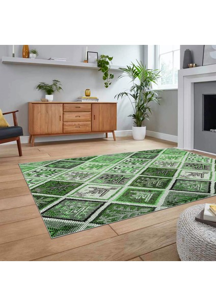 Dijital Baskılı Kaymaz Taban Yıkanabilir Patchwork Yolluk Salon Halısı, V-Patchwork-08-Yeşil,