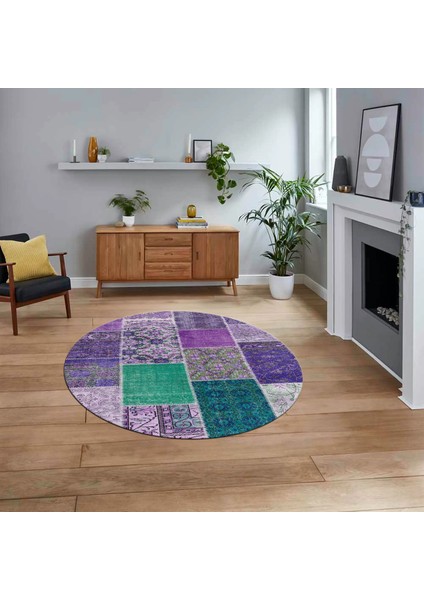 Dijital Baskılı Kaymaz Yıkanabilir Yuvarlak Patchwork Mutfak Salon Halısı, V-Y-Patchwork-01-Mor,