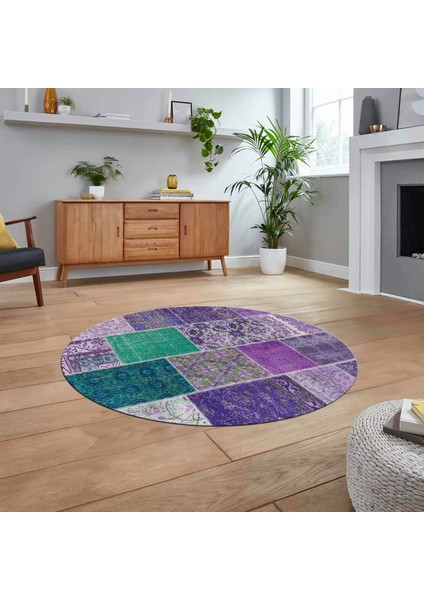 Dijital Baskılı Kaymaz Yıkanabilir Yuvarlak Patchwork Mutfak Salon Halısı, V-Y-Patchwork-01-Mor,