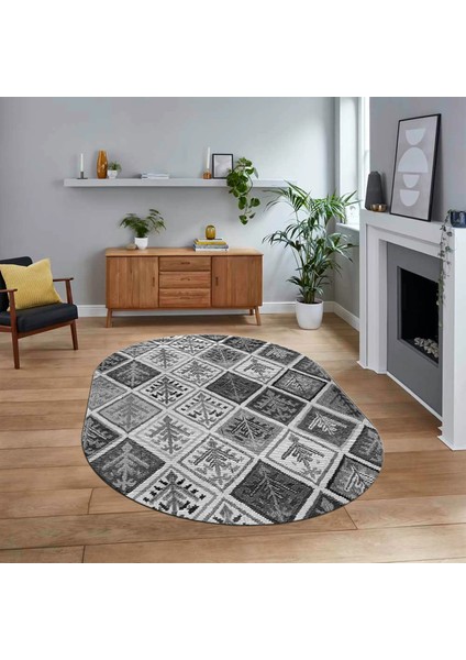 Dijital Baskılı Kaymaz Yıkanabilir Oval Patchwork Yolluk Salon Halısı, V-O-Patchwork-08-Gri,