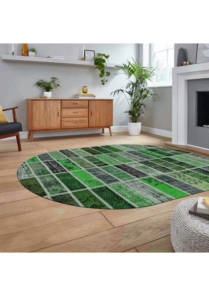 Dijital Baskılı Kaymaz Yıkanabilir Oval Patchwork Yolluk Salon Halısı, V-O-Patchwork-09-Yeşil, fiyatları