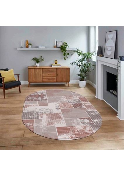 Dijital Baskılı Kaymaz Yıkanabilir Oval Patchwork Yolluk Salon Halısı, V-O-Patchwork-20-Kahve,