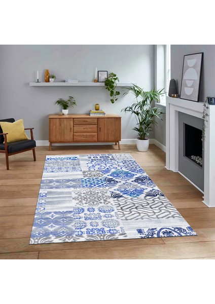 Dijital Baskılı Kaymaz Taban Yıkanabilir Patchwork Yolluk Salon Halısı, V-Patchwork-02-Mavi,