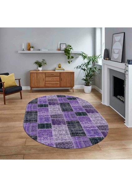Dijital Baskılı Kaymaz Yıkanabilir Oval Patchwork Yolluk Salon Halısı, V-O-Patchwork-07-Mor,