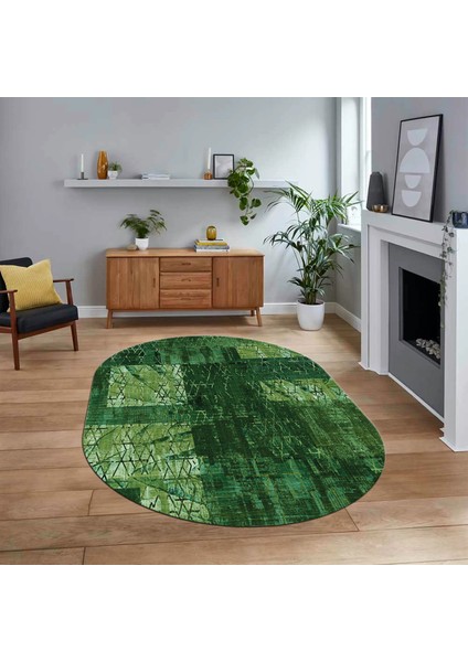 Dijital Baskılı Kaymaz Yıkanabilir Oval Patchwork Yolluk Salon Halısı, V-O-Patchwork-05-Yeşil,