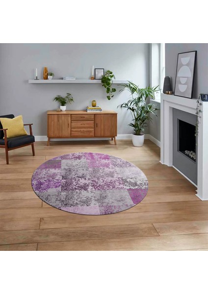 Dijital Baskılı Kaymaz Yıkanabilir Yuvarlak Patchwork Mutfak Salon Halısı, V-Y-Patchwork-17-Pembe,