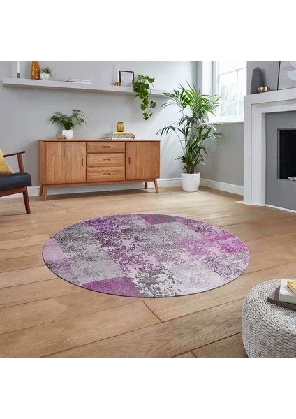 Dijital Baskılı Kaymaz Yıkanabilir Yuvarlak Patchwork Mutfak Salon Halısı, V-Y-Patchwork-17-Pembe,