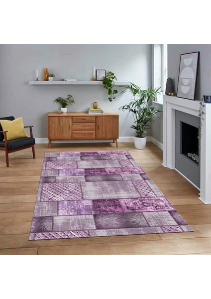 Dijital Baskılı Kaymaz Taban Yıkanabilir Patchwork Yolluk Salon Halısı, V-Patchwork-18-Mor,