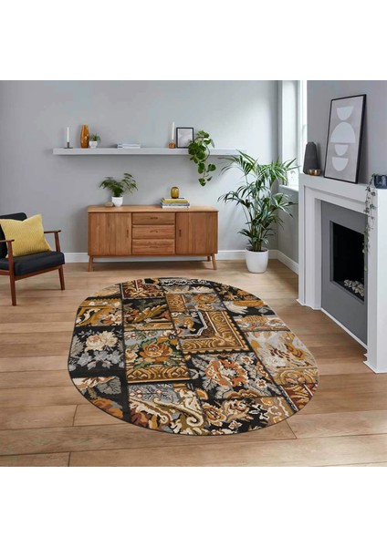 Dijital Baskılı Kaymaz Yıkanabilir Oval Patchwork Yolluk Salon Halısı, V-O-Patchwork-12-Kahve,