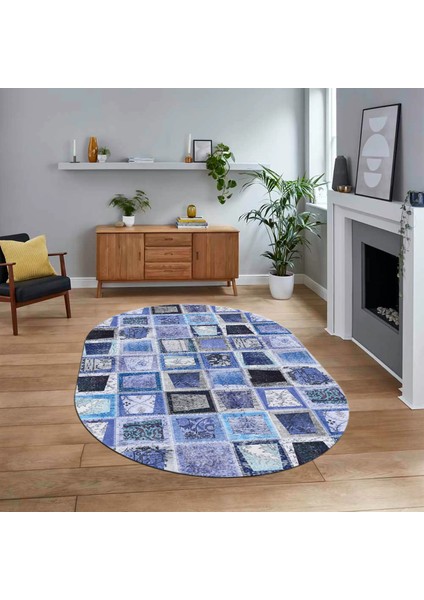 Dijital Baskılı Kaymaz Yıkanabilir Oval Patchwork Yolluk Salon Halısı, V-O-Patchwork-14-Mavi,