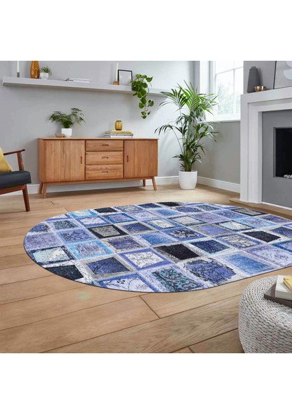 Dijital Baskılı Kaymaz Yıkanabilir Oval Patchwork Yolluk Salon Halısı, V-O-Patchwork-14-Mavi, fiyatları