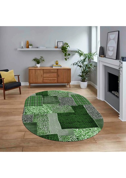 Dijital Baskılı Kaymaz Yıkanabilir Oval Patchwork Yolluk Salon Halısı, V-O-Patchwork-15-Yeşil,