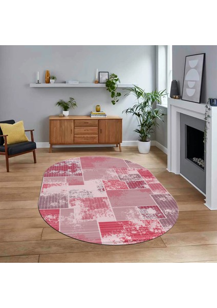 Dijital Baskılı Kaymaz Yıkanabilir Oval Patchwork Yolluk Salon Halısı, V-O-Patchwork-20-Kırmızı,