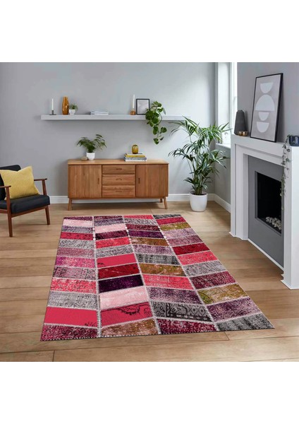 Dijital Baskılı Kaymaz Taban Yıkanabilir Patchwork Yolluk Salon Halısı, V-Patchwork-10-Kırmızı,