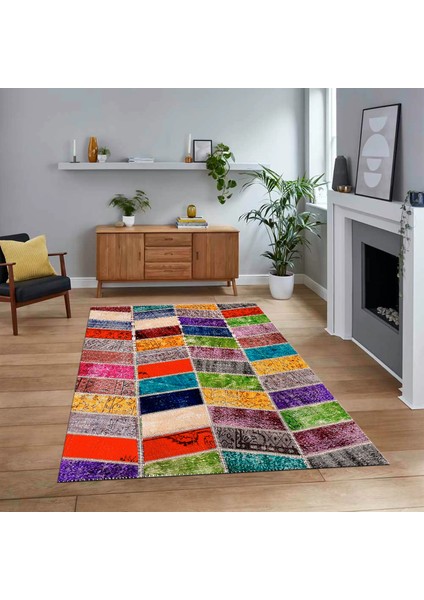 Dijital Baskılı Kaymaz Taban Yıkanabilir Patchwork Yolluk Salon Halısı, V-Patchwork-10-Renkli,