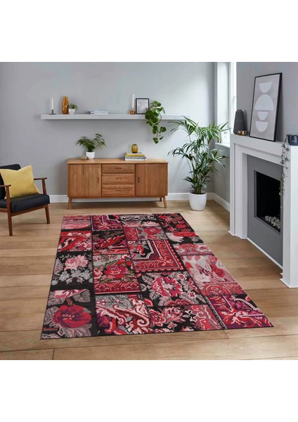 Dijital Baskılı Kaymaz Taban Yıkanabilir Patchwork Yolluk Salon Halısı, V-Patchwork-12-Kırmızı,