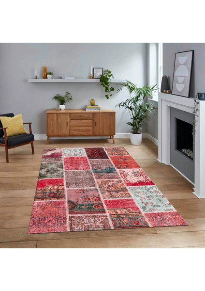 Dijital Baskılı Kaymaz Taban Yıkanabilir Patchwork Yolluk Salon Halısı, V-Patchwork-04-Kırmızı,