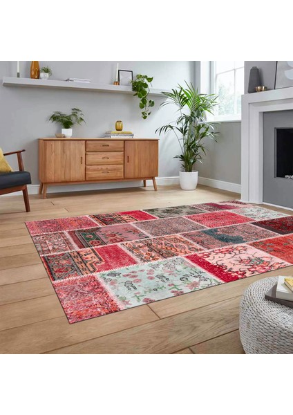 Dijital Baskılı Kaymaz Taban Yıkanabilir Patchwork Yolluk Salon Halısı, V-Patchwork-04-Kırmızı, fiyatları
