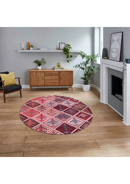 Dijital Baskılı Kaymaz Yıkanabilir Yuvarlak Patchwork Mutfak Salon Halısı, V-Y-Patchwork-08-Kırmızı,