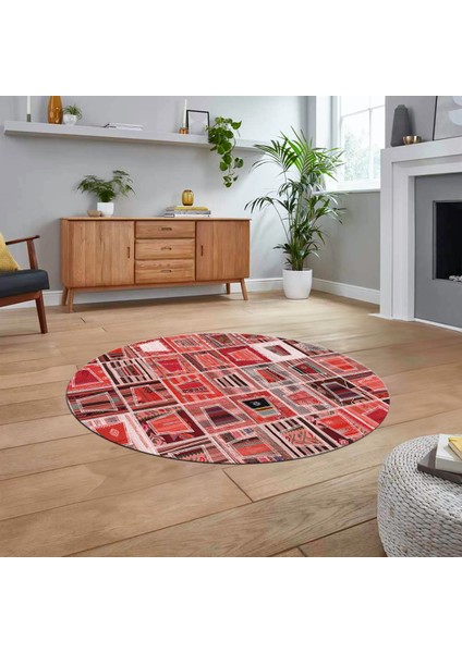 Dijital Baskılı Kaymaz Yıkanabilir Yuvarlak Patchwork Mutfak Salon Halısı, V-Y-Patchwork-11-Kırmızı,