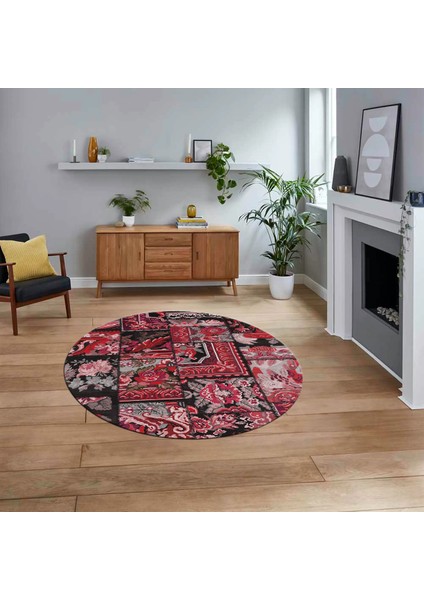 Dijital Baskılı Kaymaz Yıkanabilir Yuvarlak Patchwork Mutfak Salon Halısı, V-Y-Patchwork-12-Kırmızı,