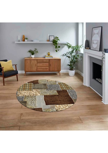 Dijital Baskılı Kaymaz Yıkanabilir Yuvarlak Patchwork Mutfak Salon Halısı, V-Y-Patchwork-15-Kahve,