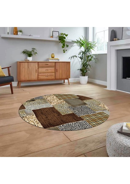 Dijital Baskılı Kaymaz Yıkanabilir Yuvarlak Patchwork Mutfak Salon Halısı, V-Y-Patchwork-15-Kahve,