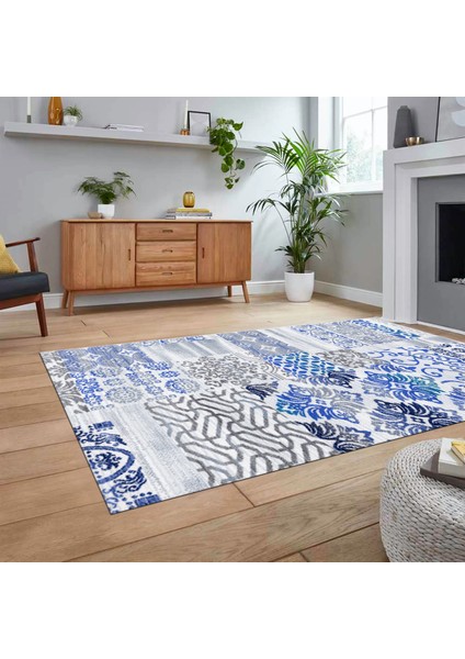 Dijital Baskılı Kaymaz Taban Yıkanabilir Patchwork Yolluk Salon Halısı, V-Patchwork-02-Mavi, fiyatları