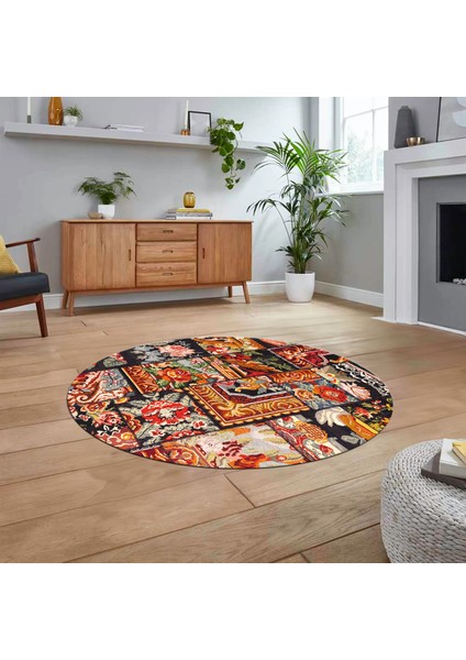Dijital Baskılı Kaymaz Yıkanabilir Yuvarlak Patchwork Mutfak Salon Halısı, V-Y-Patchwork-12-Renkli,