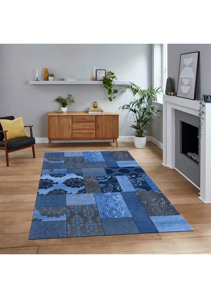 Dijital Baskılı Kaymaz Taban Yıkanabilir Patchwork Yolluk Salon Halısı, V-Patchwork-16-Mavi,