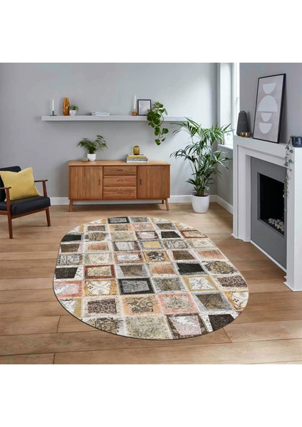 Dijital Baskılı Kaymaz Yıkanabilir Oval Patchwork Yolluk Salon Halısı, V-O-Patchwork-14-Kahve,