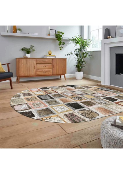 Dijital Baskılı Kaymaz Yıkanabilir Oval Patchwork Yolluk Salon Halısı, V-O-Patchwork-14-Kahve, fiyatları