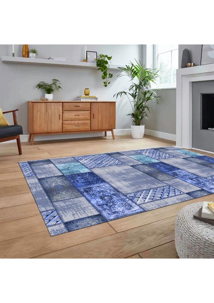 Dijital Baskılı Kaymaz Taban Yıkanabilir Patchwork Yolluk Salon Halısı, V-Patchwork-18-Mavi,
