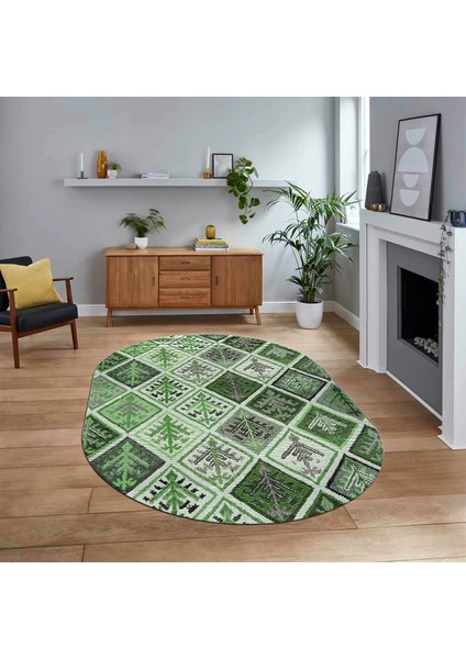 Dijital Baskılı Kaymaz Yıkanabilir Oval Patchwork Yolluk Salon Halısı, V-O-Patchwork-08-Yeşil,