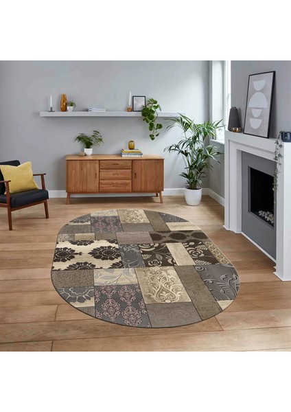 Dijital Baskılı Kaymaz Yıkanabilir Oval Patchwork Yolluk Salon Halısı, V-O-Patchwork-16-Vizon,